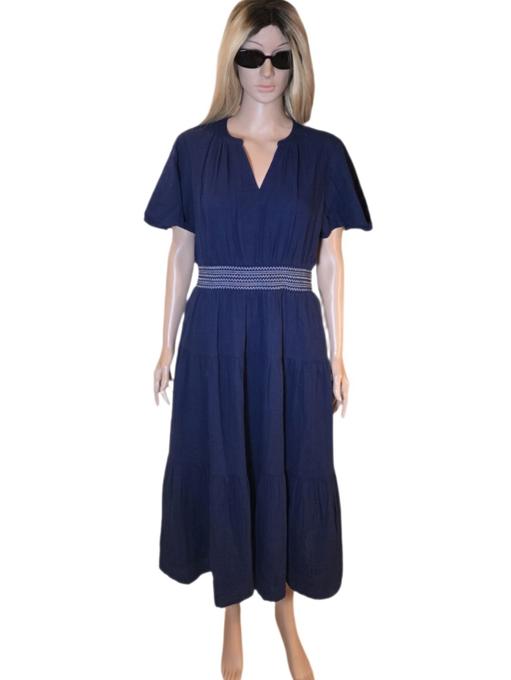 Lands' End Blue 100% Cotton Gauze Tiered Smocked Maxi Dress Petite M EUC